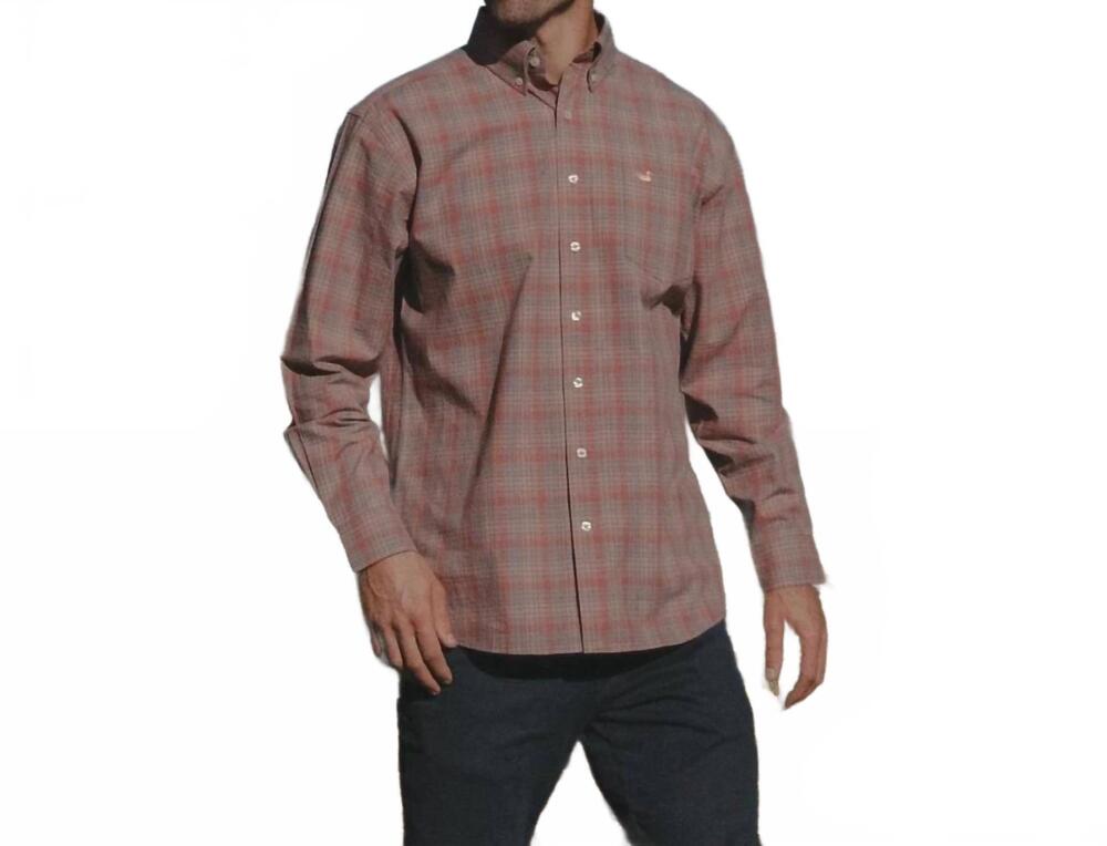 NEW SOUTHERN MARSH holly ridge washed long sleeve dress shirt in burnt taupe & s